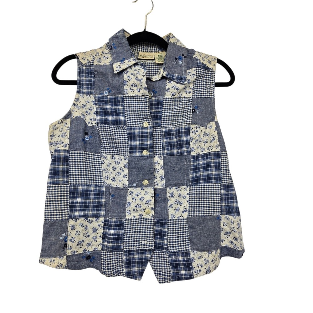 Vintage 90s‎ Y2K Patchwork Embroidered Vest Women's MP Blue Boho Cottage Madras